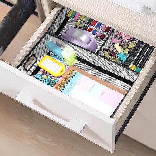 mekueeex Desk Drawer Organizer, Office Drawer Divider Organizer Tray 3 Pack, Metal Mesh Desktop Organization and Accessories for Stationery Makeup Kitchen Toolroom Office