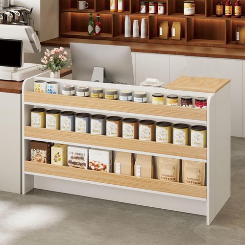 Modern Reception Desk, 39 inch Office Wooden Computer Front Counter Table, Reception Room Table with Lockable Drawer & Shelves, for Checkout, Lobby, Salon and Office (White, 39 x 21.6 x 35.4 in)