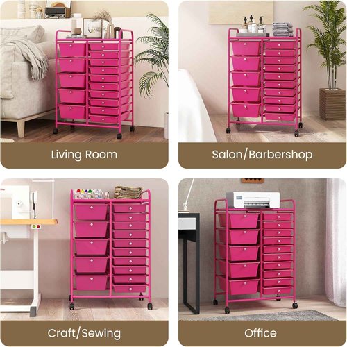 HOMGX 15-Drawer Storage Rolling Cart, Multipurpose Utility Storage Cart w/ 4 Lockable Wheels & Removable Drawers, Plastic Drawer Organizer for Office, Supermarket, Home, School (Hot Pink)