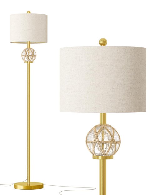 Oneach 61.5” Modern Floor Lamp for Living Room, Gold Boho Standing Lamp with Rattan Glass Design, Rotary Switch, Farmhouse Tall Lamps for Bedroom Office Dining Room (Without Bulb)