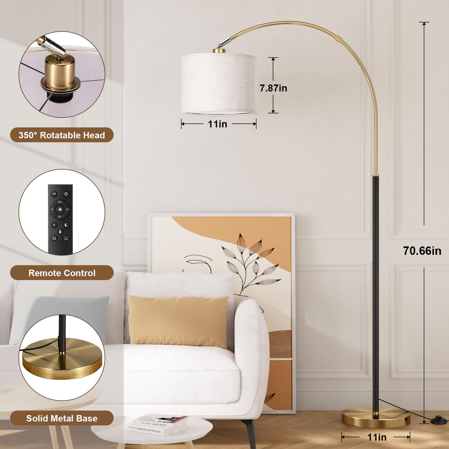 Ambimall Dimmable Arc Floor Lamp with Remote, Color Temperatures and Brightness Adjustable, Arched Floor Lamp with Rotating Head, Over Couch Arched Reading Light for Living Room (Black and Bronze)