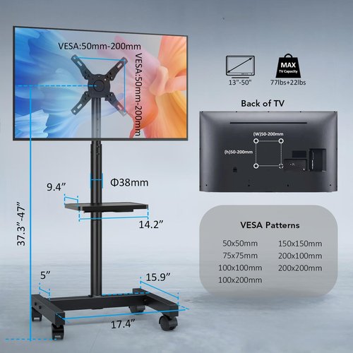 AX WABER Mobile TV Floor Stand for 13-50 inch LCD LED Flat/Curved Panel Screen TVs up to 77 lbs, Height Adjustable TV Stand Mount with Tilt VESA 200x200, Portable TV Stand with Shelf AX2007TBM