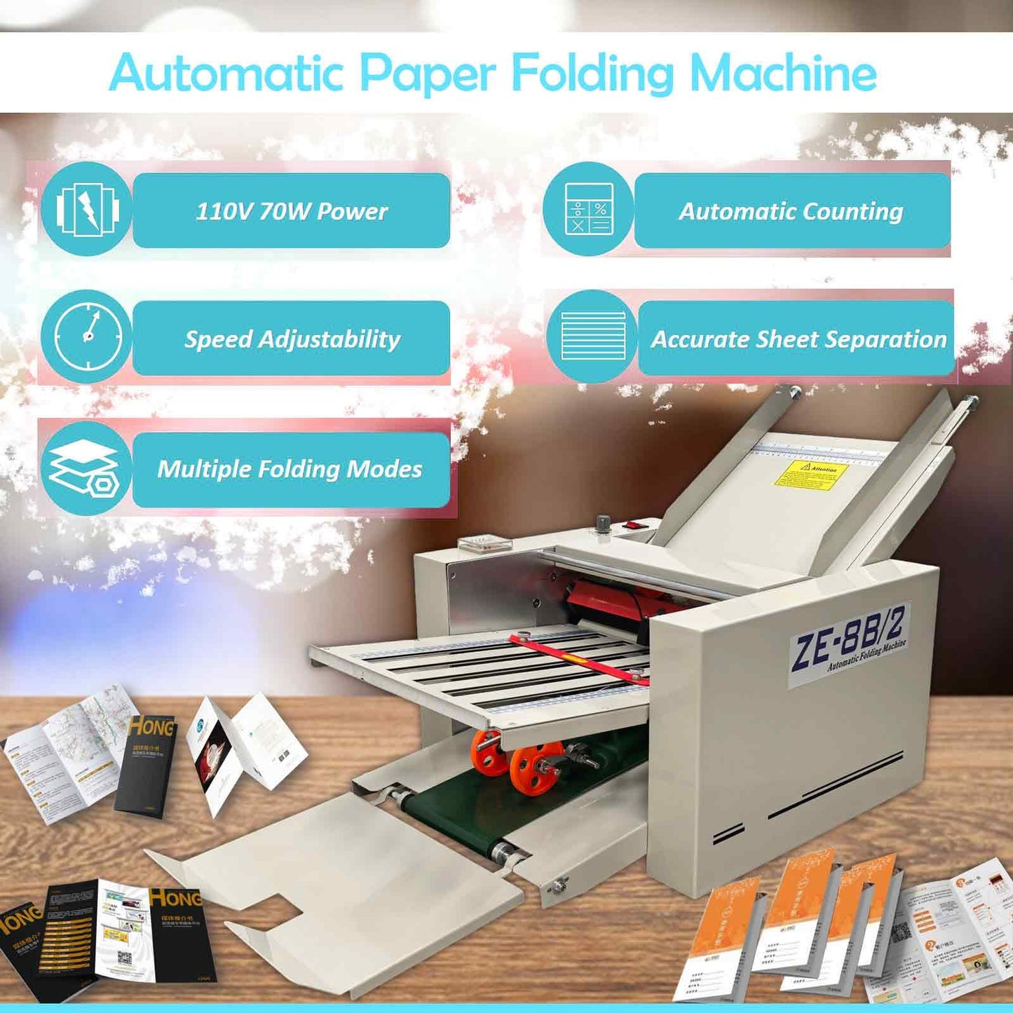 BEILOCKERY Automatic Paper Folding Machine, Electric Paper Folder with 2 Trays, Fold Sizes 2x3in to 12x27in, Adjustable Speed Max 262ft/min, for Folding Manuals Document Business Letters 110V