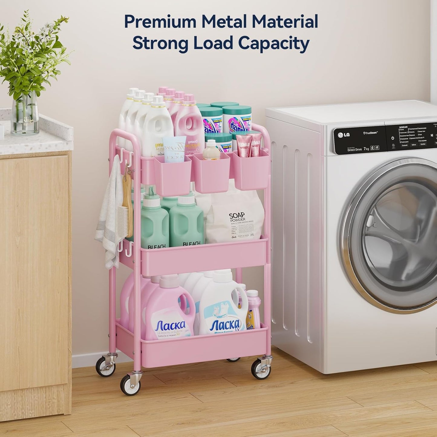 YASONIC 3-Tier Metal Rolling Cart - Heavy Duty Utility Cart with Lockable Wheels & Hooks | Pink