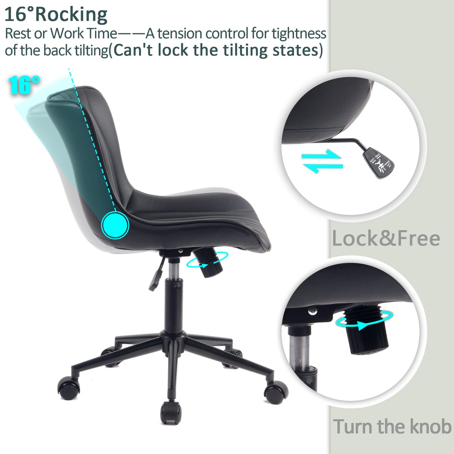 YOUTASTE Black Modern Office Chair, Armless Swivel PU Leather Desk Chair with Wheels, Height Adjustable Rolling Computer Chair with Metal Legs for Bedroom, Home Office, Study, or Vanity