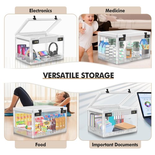 Extra Large Lock Box for Medication Safe, Medicine Lockable Storage Box with Code, Phone Lock Boxes for Video Games, Box with Combination Lock for Snacks/Food, Locking Cabinet for Home/Office (Clear)