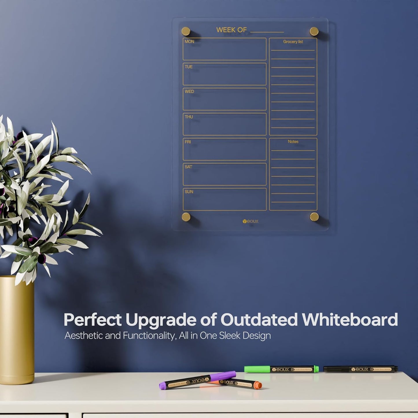 Yeoux Clear Glass Weekly Dry Erase Calendar - Non-Magnetic Wall Whiteboard for Meal Planning & Grocery Lists, 15x11 Inches, 4 Wet Erase Markers Included