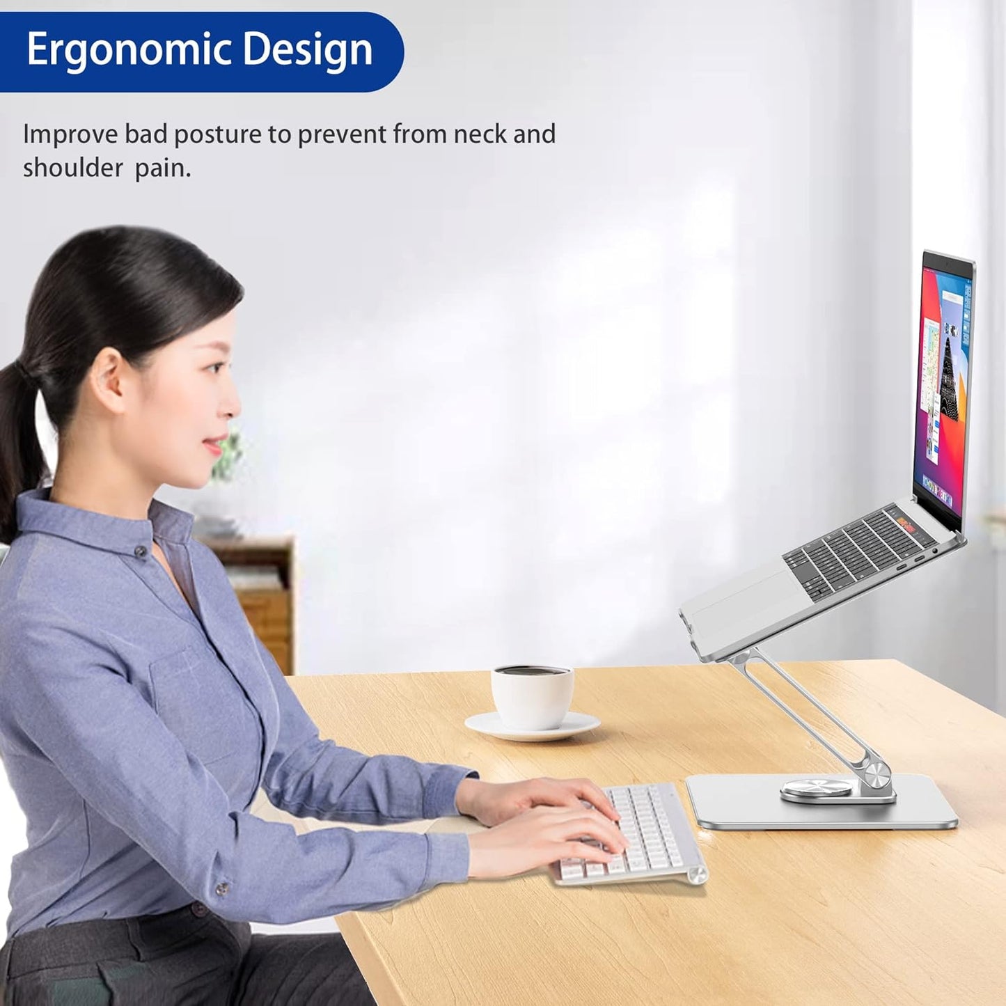 BESIGN LSX7 Laptop Stand - Ergonomic Adjustable Riser with 360° Rotating Base | Fits 10-15.6" Laptops (Silver)