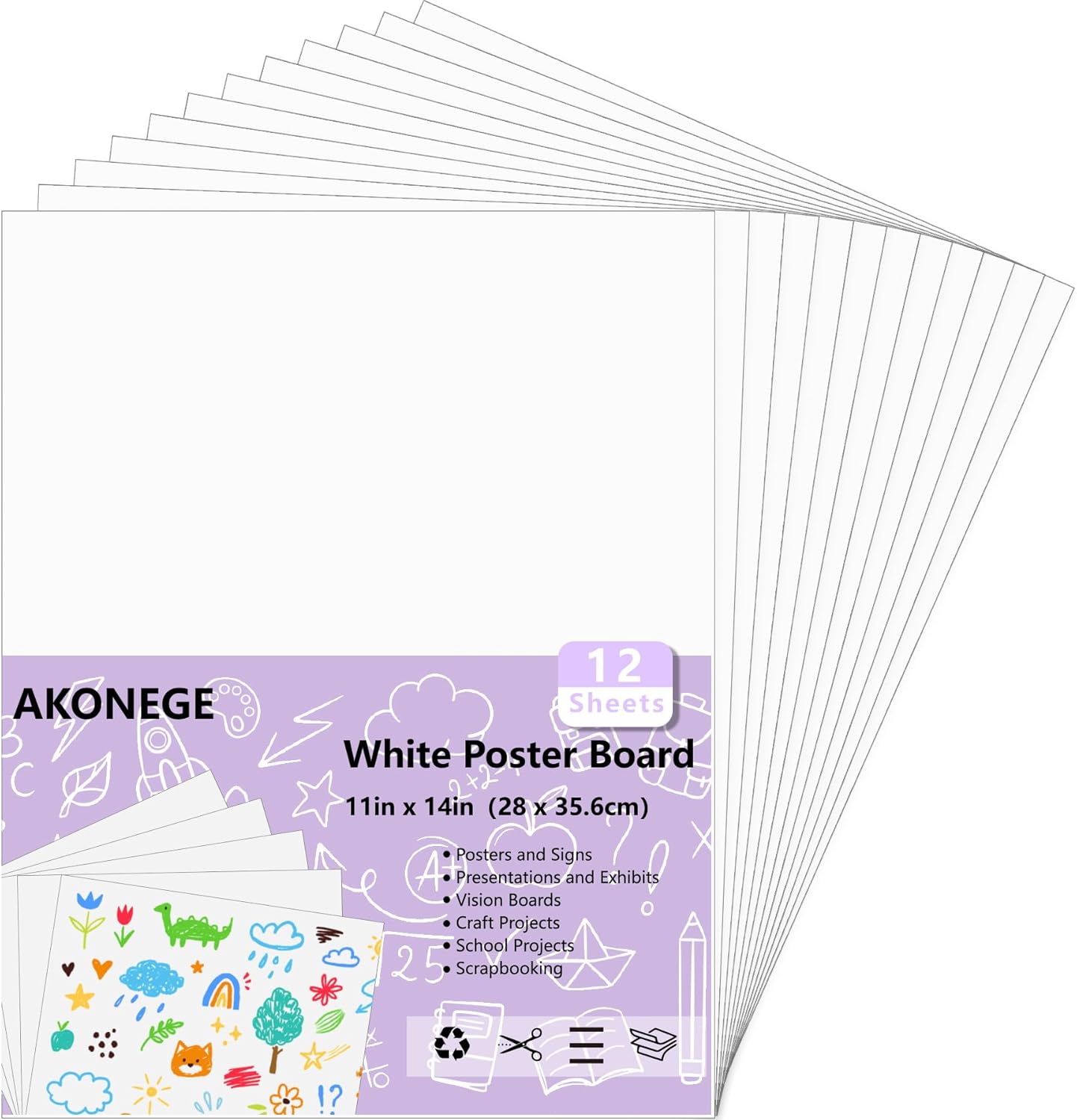AKONEGE Poster Board - 12PCS White 11" x 14" Graphic Display Paper for Arts & Crafts Projects