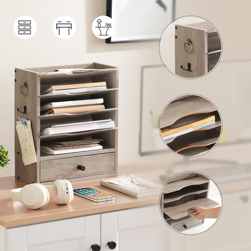 HOOBRO Wall File Organizer - Stylish Wooden Mail Sorter with Drawer Storage & Hooks | Greige Finish