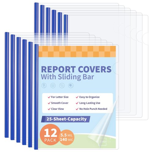 Binditek 12 Pack Clear Report Covers with Navy Sliding Bars, 25 Sheet Capacity, 5mm Binding Bars, Letter Size, 5.5 Mil Thick, for Students and Coworkers