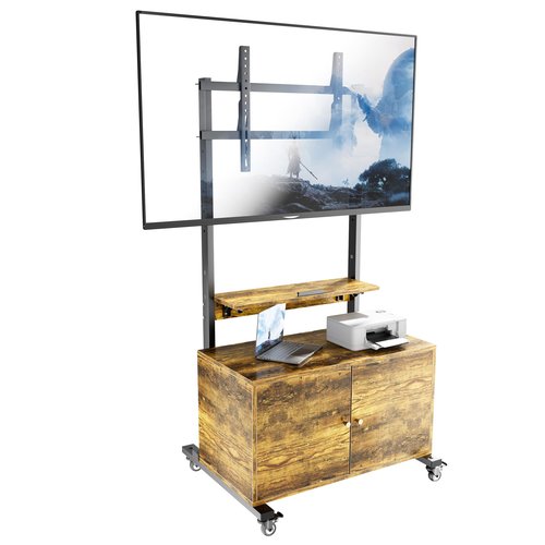 EZISE Mobile TV Stand with Foldable Table, Wood TV Stand on Silent Wheels for TVs up to 75 Inch, Entertainment Center with Storage Cabinet for Living Room, Bedroom, Kitchen, Office