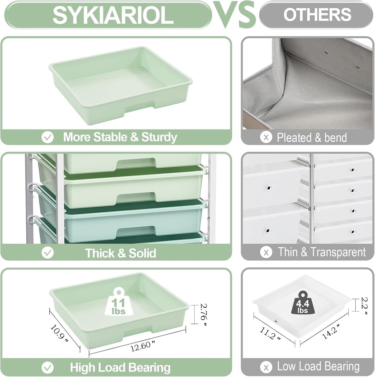 Skiennix Rolling Storage Utility Cart - 8 Drawer Organizer with Wooden Tabletop | Green for Home & Office