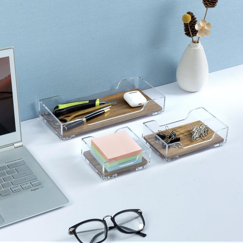 MyGift Premium Clear Acrylic and Acacia Solid Wood Desk Organizer Trays Office Stationery Holders, 3 pc Set
