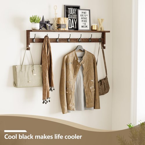 AMBIRD Coat Rack Wall Mount, 35 Inch Extra Long Wall Hooks with Hanging, Wooden Shelf with 7 Metal Hooks 2 Side Hooks, Wall Key Holder with Shelf in Entryway, Kitchen, Bathroom, Living Room, Bedroom