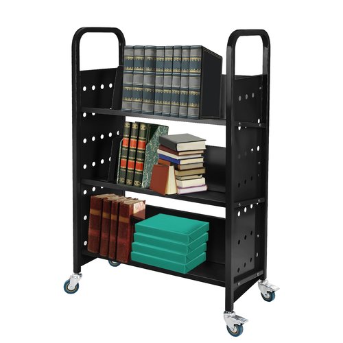 OUKIDR Book Cart, 200LBS 3-Shelf Library Cart, Single Sided V-Shaped Rolling Book Cart with 2 Lockable Wheels for Home Shelves Office School Book Truck, Black