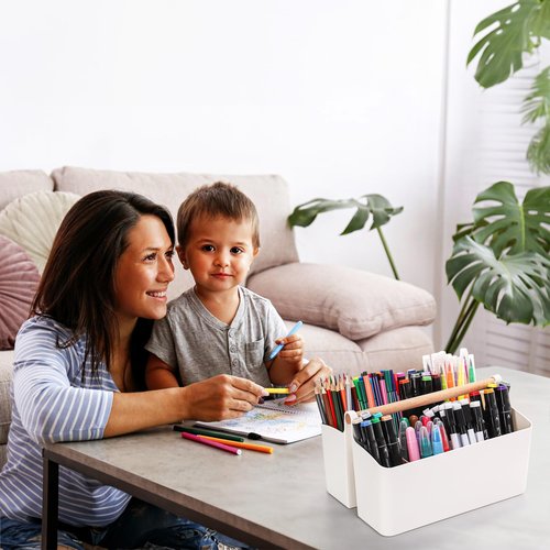 Frcctre 2 Pack Plastic Portable Organizer Caddy Tote with Handle, Stackable 8 Slots Storage Organizer Bin with Adjustable Dividers for Home Bathroom Classroom Art Crafts Storage Supplies