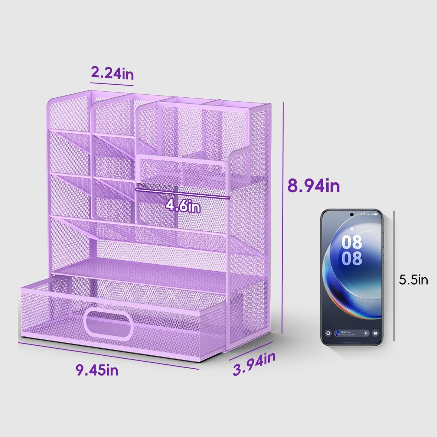 ReePlan Mesh Pen Organizer for Desk - Multi-Functional Pencil Holder with Drawer Desk Organizers, Large Capacity Storage for School Office Home Supplies (Purple)