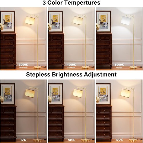 Ambimall 60" Adjustable Floor Lamp - Remote Control, Color Temperature & Brightness Options, Beige Shade & Gold Pole