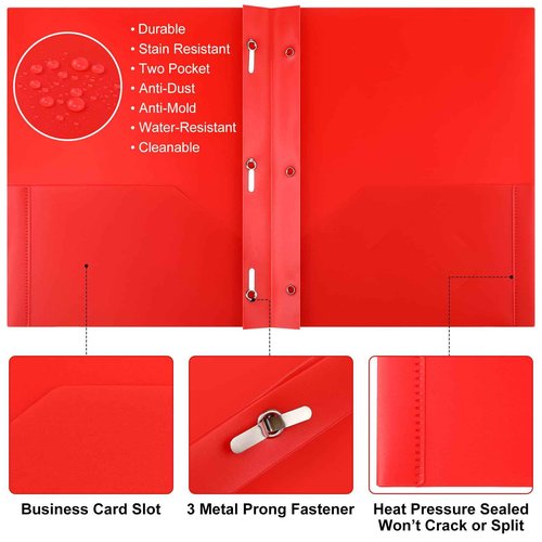 Cholemy 72 Packs Pocket Folders with Prongs Heavy Duty Plastic Folder with Business Card Slot 3 Prong Fasteners for School Office (Cute)