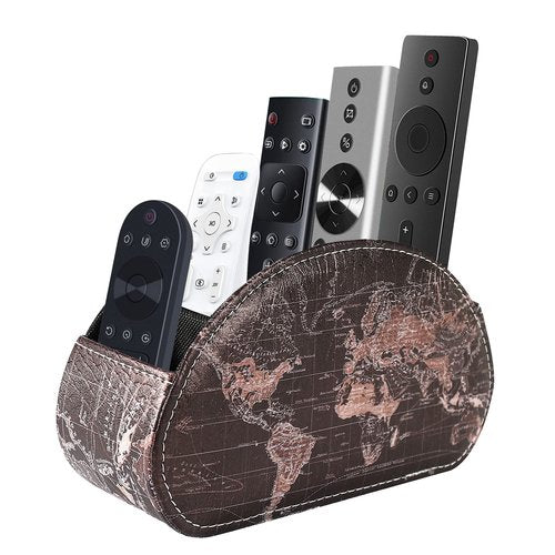LINKWELL Remote Control Holder, Spacious Decorative PU Leather Makeup Organizer with 5 Compartments, Table Decor Storage Remote Caddy for TV, DVD, Blu-Ray, Office Supplies World Map Black PH56