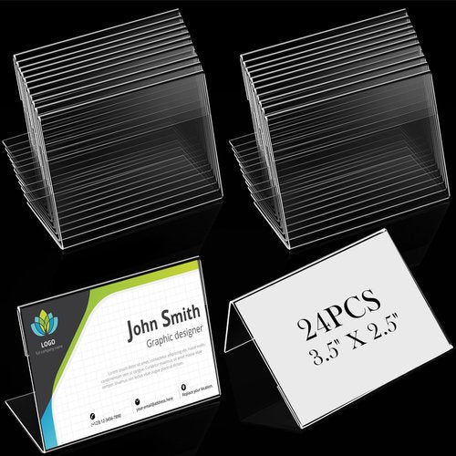 Teling 3.5 x 2.5 Inch Acrylic Business Card Holder Slant Back Sign Holders Clear Name Display Mini Acrylic Stands l Shaped Display Stand for Classroom Home Office Decorating Supplies(24 Pcs)