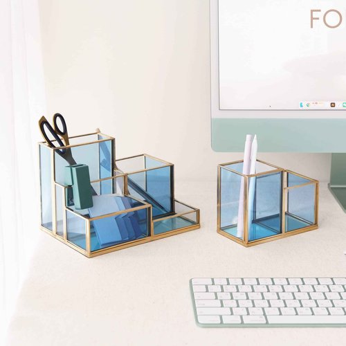 FONDAZZA Set of 2 Gold Desk Organizers for Home Office Supplies, Gold Brass and Blue Glass, 1 Each of 5-Compartments and 2-Compartments, Storage for Stationery, Cosmetic, makeup tools and Brush.