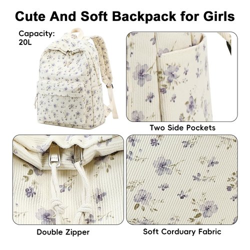 School Backpack for Teens Large Corduroy Bookbag Lightweight Girls Boys Casual High School College 17 inch Laptop Travel Bag (Grace Purple Flower)