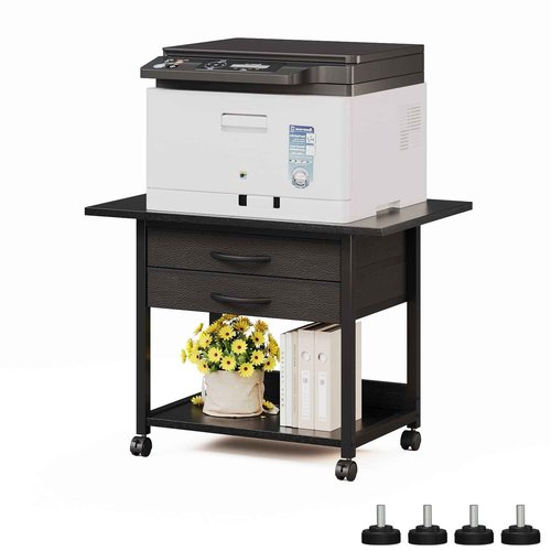 VENNQD Large Printer Stand with Storage Fabric Drawer Under Desk Printer Table with Wheels for Home Office, Printer Cart fit Fax Machine Scanner 23.4"x15.7" (Black, 2 Tiers)