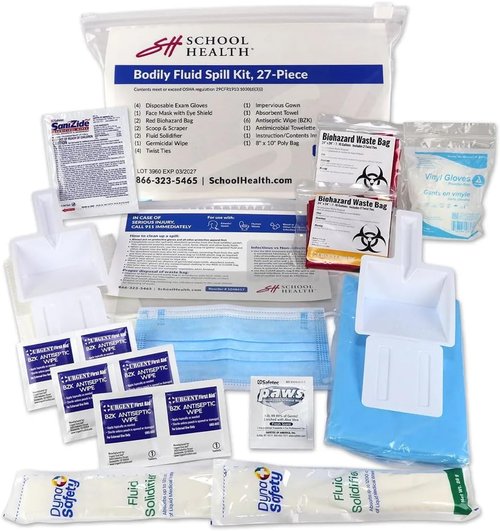 School Health 27-Piece Bodily Fluid Spill Clean-Up Kit | OSHA Compliant Bloodborne Pathogen Protection with PPE & Biohazard Bags