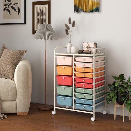 LDAILY 15 Drawer Rolling Storage Cart, Rolling Cart with Drawers for Classroom, Art Supply Craft Organizer on Wheel with Metal Frame & Handles for Home Office School