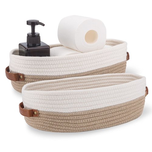 Oradrem 2 Pack Cotton Rope Bathroom Decor Basket,Toilet Paper Holder Basket,Farmhouse Home Decor Organizing Baskets 13"x5.9"x4" Brown Stitching White
