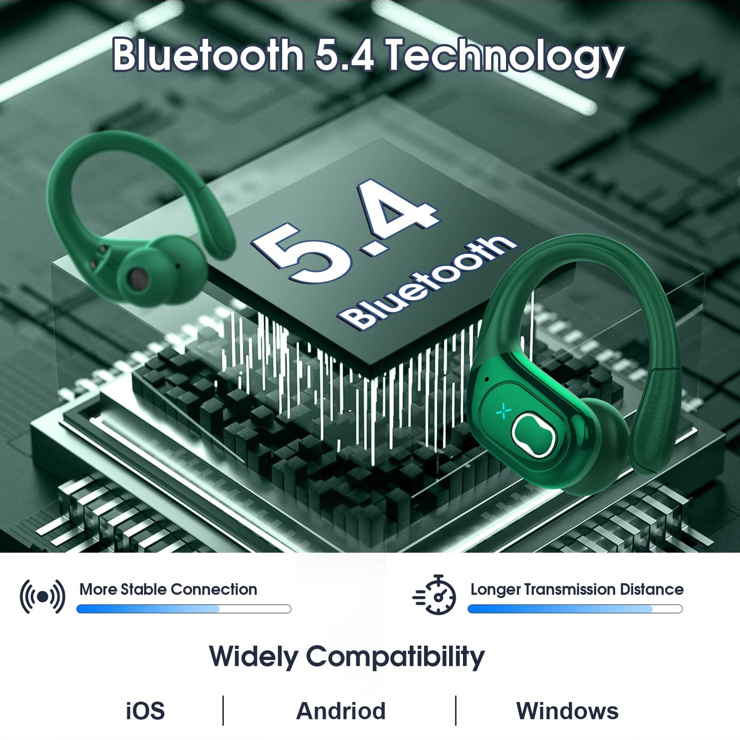 Wireless Earbuds 75hrs Bluetooth 5.4 Headphone Sport, 2026 Bluetooth Earbuds Stereo Deep Bass Over Ear Bud with Earhooks, ENC Noise Cancelling Mic, IPX7 Waterproof Earphone for Gym/Workout, Dark Green