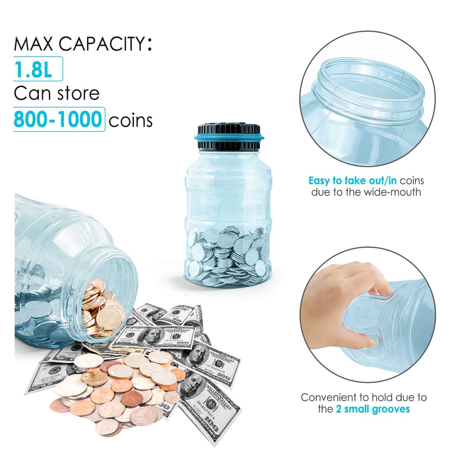 Large Piggy Bank for Boys Adults, Vcertcpl Digital Coin Counting Bank with LCD Counter, 1.8L Capacity Coin Bank Money Jar for Adults, Designed for All US Coins (Blue2)