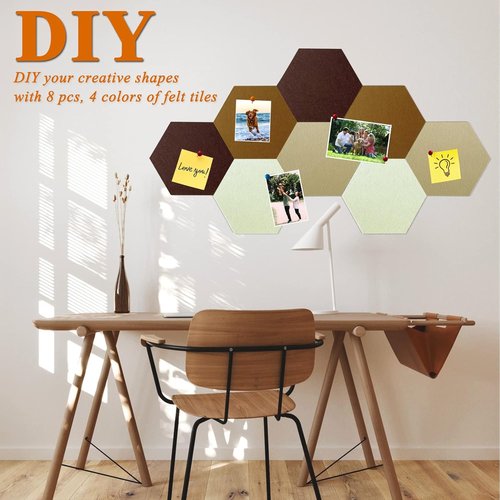 Regine Switzerland Hexagon Felt Cork Bulletin Board Tiles - Self-Adhesive DIY Wall Decor (8 Pcs, Gradual Brown)