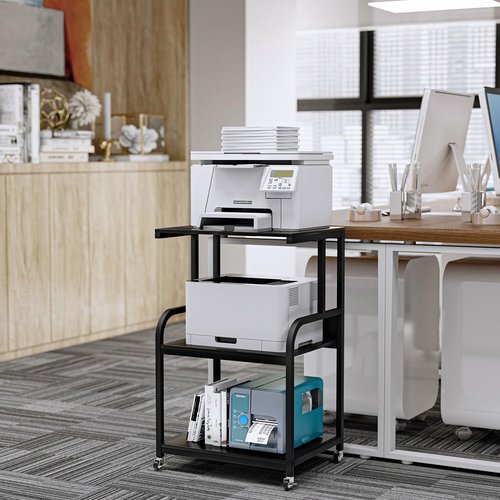 EasyCom Printer Stand- Large 3 Tier Sofa Side Table with Wheels- Industrial Printer Storage Cart- Modern Night Stands with Storage Shelf for Living Room Bedroom Office Black