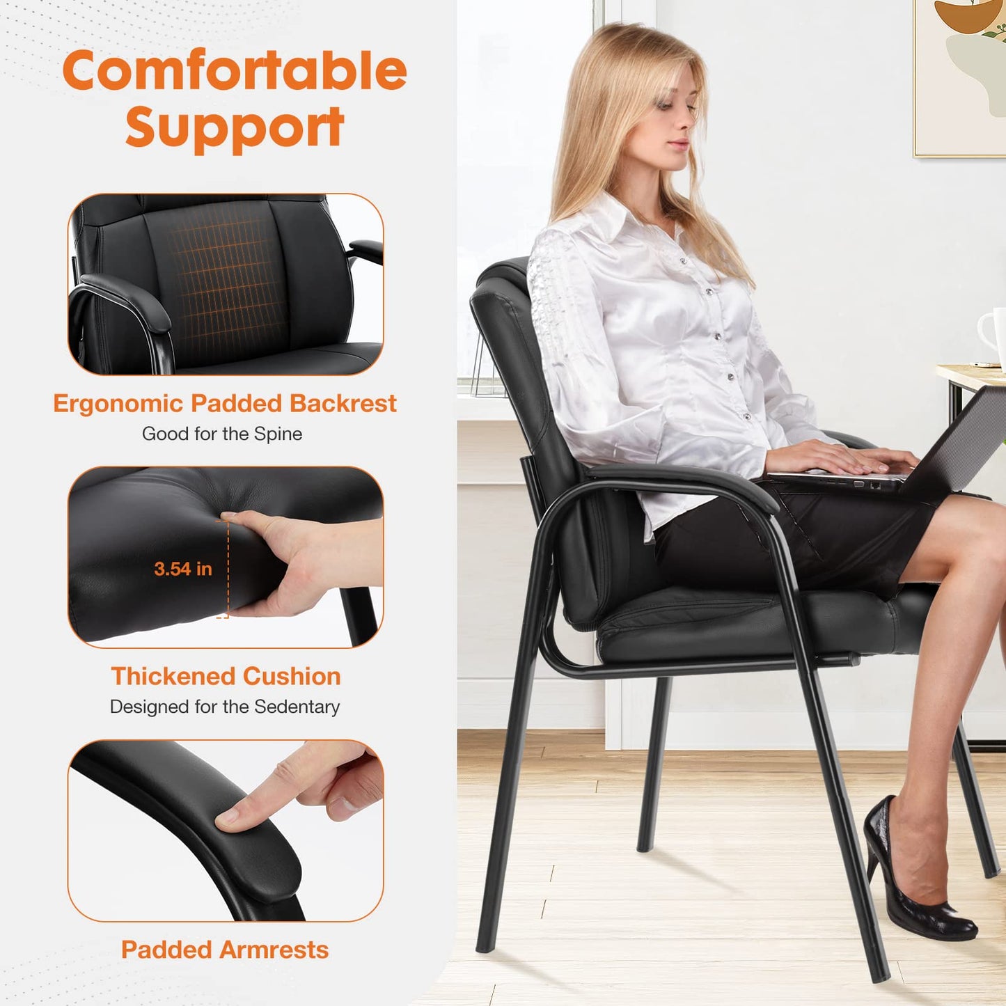 Sweetcrispy Waiting Room Chairs Set of 4, PU Leather Big and Tall No Wheels Executive Office Chair with Padded Arms for Reception Conference Room Lobby
