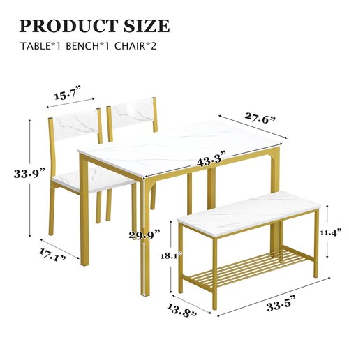 SDHYL Dining Table Set,Two Chairs and One Bench 4 Pieces Set Wooden Table Top with Metal Legs for Breakfast in Living Room, Kitchen Room, Dining Room,Space Saving Kitchen Table Set,Rustic Brown