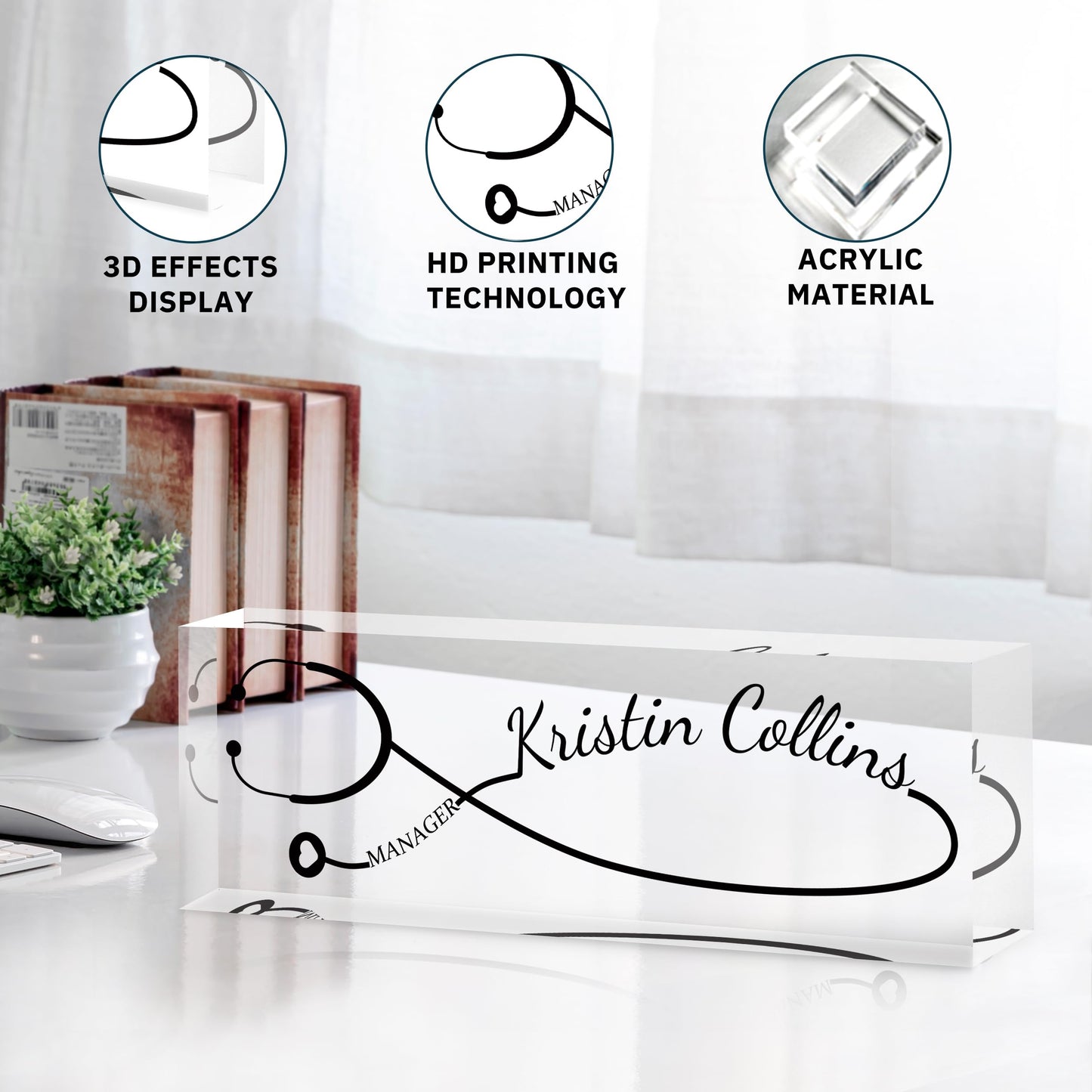 Custom Name Plate for Desk, Personalized Desk Name Plate on Clear Acrylic Glass, Appreciation Gifts for Teacher Employee Boss Coworkers Nurse, Office Desk Accessories for Women Men (Onyx)
