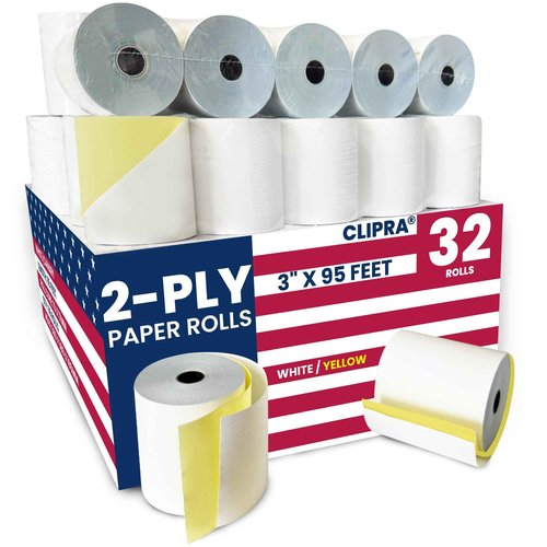 (32 Rolls) 2 Ply Kitchen Printer Paper White/Yellow Carbonless Rolls 3” x 95 Feet Receipt Rolls–Compatible with Star SP700 Printer Paper, SP2000 UP389 & Omni 480 220 250–Ribbons Required–Non Thermal