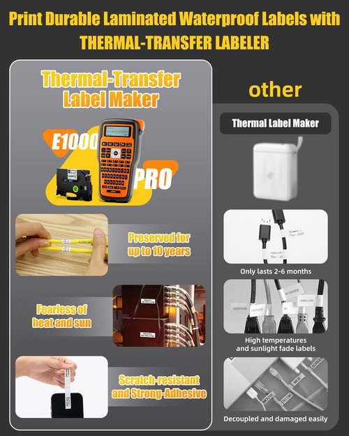 E1000 Label Maker | Waterproof Heat Shrink Labels & Tapes - 0.46'' (12mm) Black on White