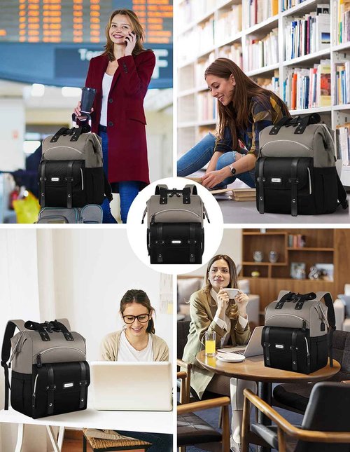 Laptop Backpack for Women,Stylish Doctor Nurse Teacher Work Travel Backpack for 15.6 Inch Laptop with RFID Anti-theft USB Charging Port College Purse Business Computer Bookbag Grey Black