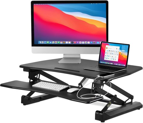 Mount-It! Electric Standing Desk Converter - 35.4" Ergonomic Sit-Stand Riser with USB Charging Port - Black