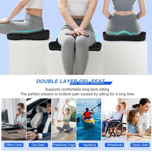 Airllantry Thicken 19.7in Seat Cushion, Gel Seat Cushion for Long Sitting–Office Chair, Wheelchair, Car Cushion, Large Cooling Pad for Back Pain, Sciatica, Tailbone Pain Relief