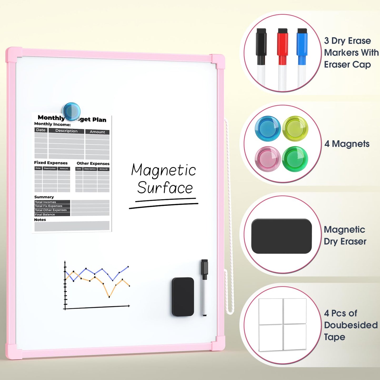 MaxGear Double-Sided Dry Erase Board for Wall, 16"x12", Pink Frame