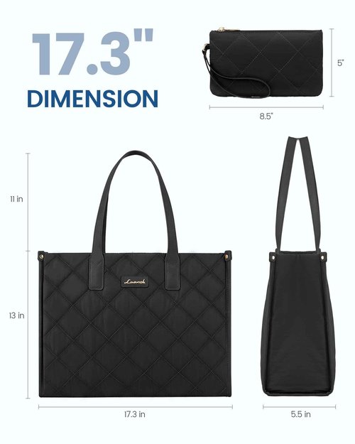 LOVEVOOK Laptop Bag for Women, Lightweight Puffer Tote Bag fits 17.3 inch Computer, Large Quilted Puffy Work Purse, Professional Business Office Briefcase Handbag, Black