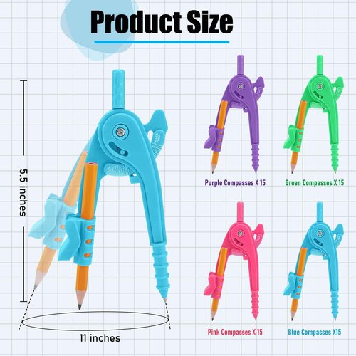 60 Pieces Compass Geometry Tool Multicolour Math Compass Drawing Compass for Geometry Plastic Geometry Compass with Pencil for Student Classroom School Office Drafting Art Drawing (4 Colors, 60 PCS)