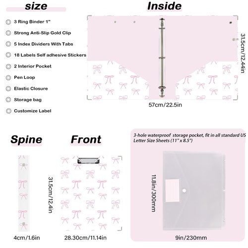 Etzul 3 Ring Binder 1 inch with Clipboard - White & Pink Bow Design, Includes Dividers, File Bag & Spine Label - Classic and Elegant for School or Work, Holographic Waterproof Film