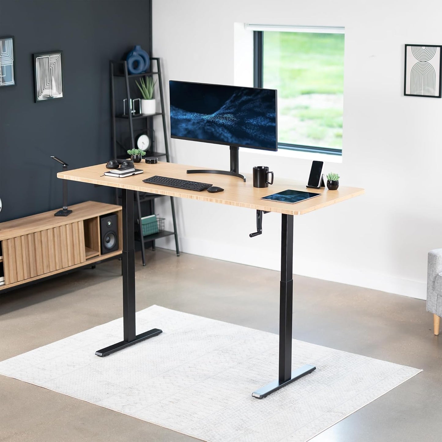 VIVO Manual Height Adjustable Stand Up Desk Frame - Ergonomic 2-Leg Workstation with Hand Crank | Black
