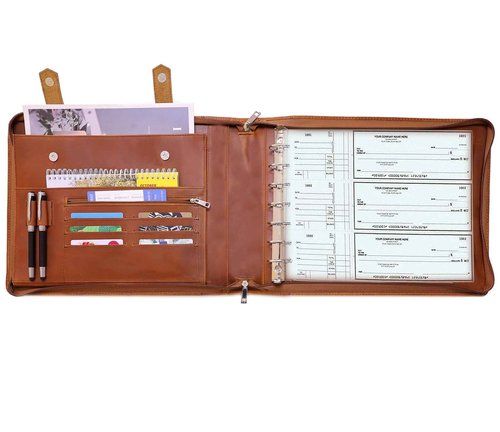 7-Ring Zippered Checkbook Binder for Business Checks - Premium Leather Portfolio Holds 600 Checks (9"x13") - Personalized Name/Logo for Men & Women